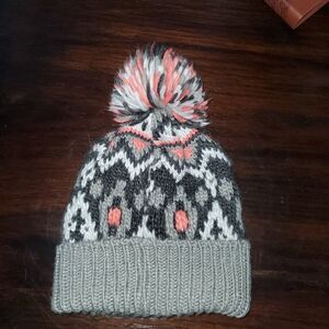 Soft & Warm Hollister fair isle Pom-pom beanie Ski hat Grey/Salmon  One-size